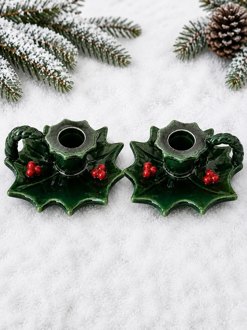 Lefton Vintage Christmas Holly Leaf Candle Holders Green Ceramic Pair
